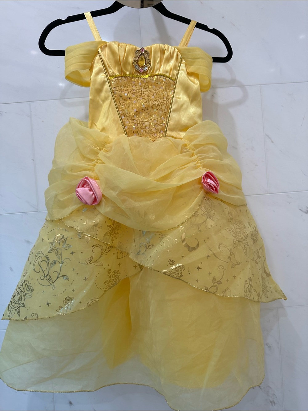Disney  authentic Belle Yellow Princess Dress Accent with pink roses.  Size 5-6.